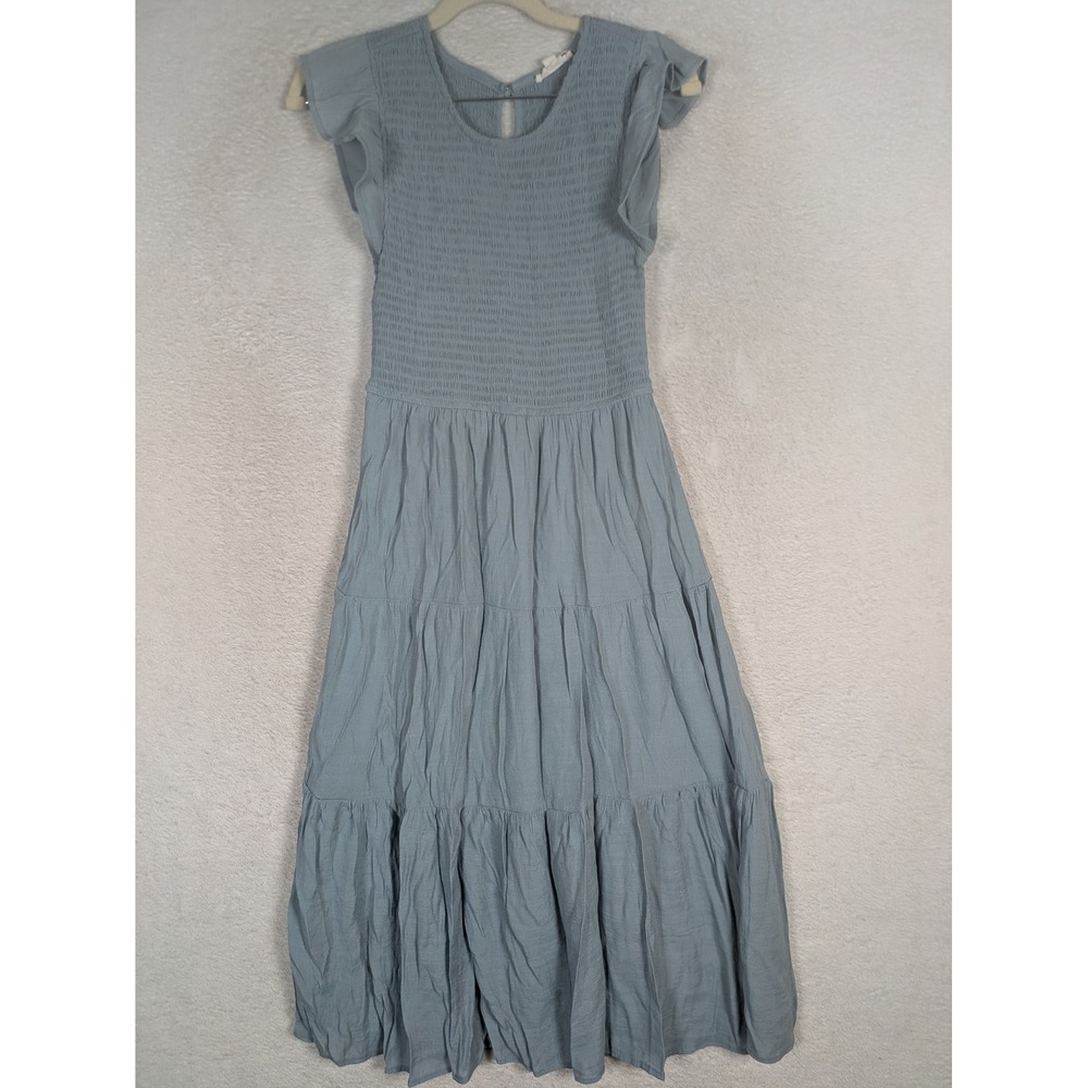 By the River Midi Dress Women's Small Blue Smocked Tiered Ruffle